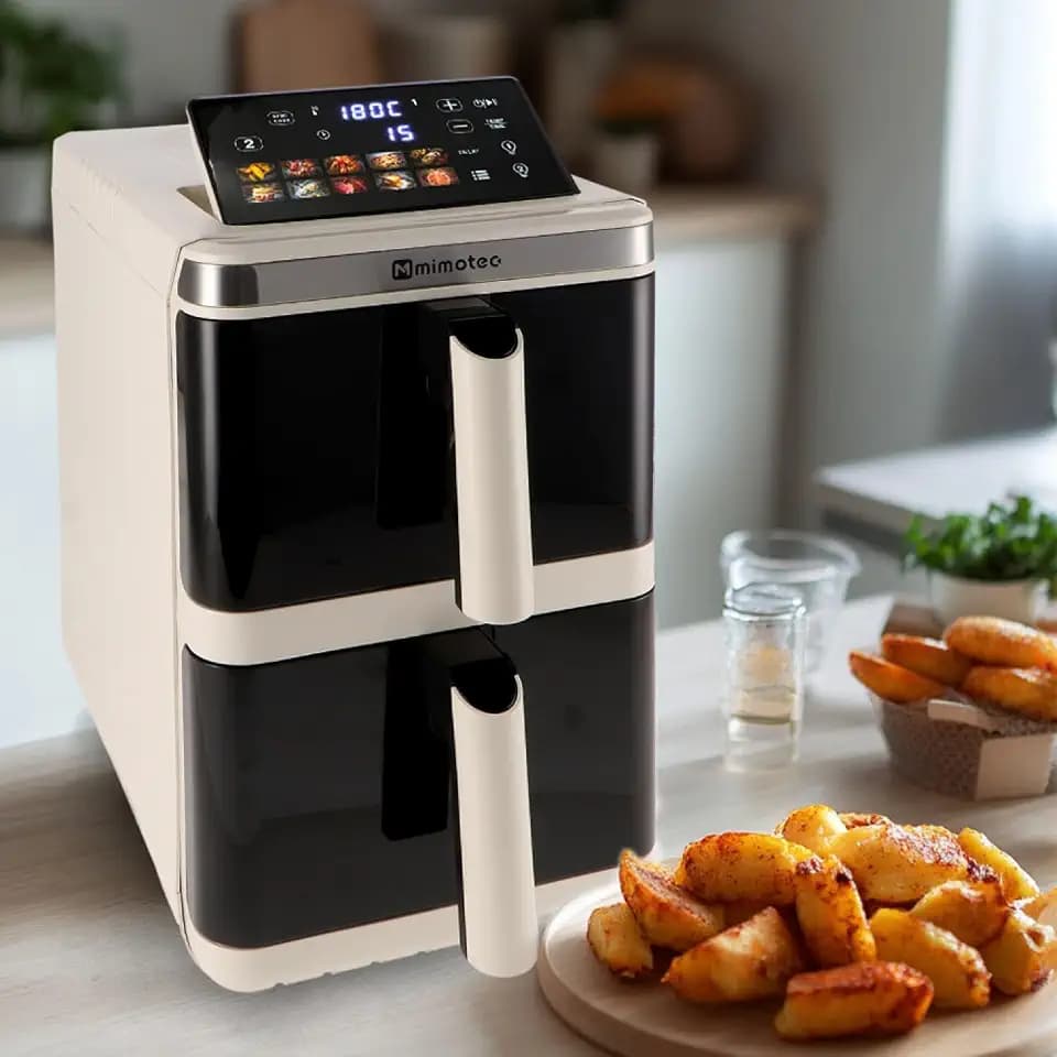 M mimotec - Double Tech, Luftfritteuse, 11,6L mit 2 Körben à 5,8L, 3000W, 10 Programme, 40-200 °C, Dehydrierung, Innenlicht, waschbare Teile