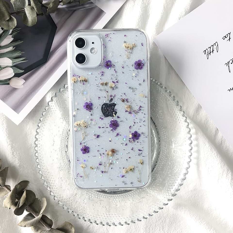 iPhone 13 Hülle Echte Blumen HandyHülle Transparent Gummi Kristall Schutzhülle Handgefertigten Bunter Getrocknete Blumenart Case Cover für Apple iPhone 13. Kleine lila Blume