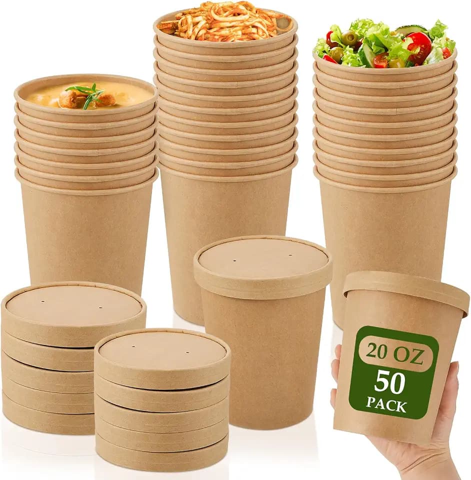 Sabary 50 Pack Paper Soup Containers with Lids Disposable, 20 oz, Brown