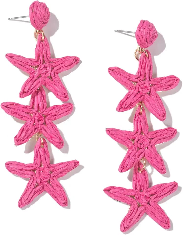 Raffia Starfish Seashell Dangle Drop Earrings Boho Summer Beach Jewelry