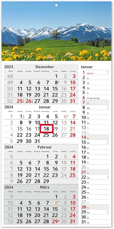 4-Monatskalender 2024 Alpen mit Streifenkalender 4 Monate Übersicht I 30 x 60 cm I Wandkalender I Jahresplaner mit Schieber I zum Aufhängen und Abreißen I Motiv Berge Wiese Allgäu Urlaub I tr167