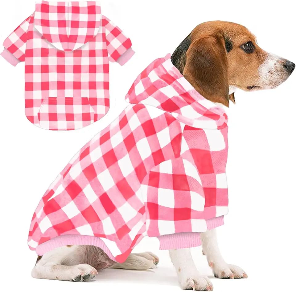 Plaid Dog Sweaters Hoodies Sweatshirts for Dogs Cats, Warm and Soft Cold Weater Coats for Christmas (Pink, Medium/Large)