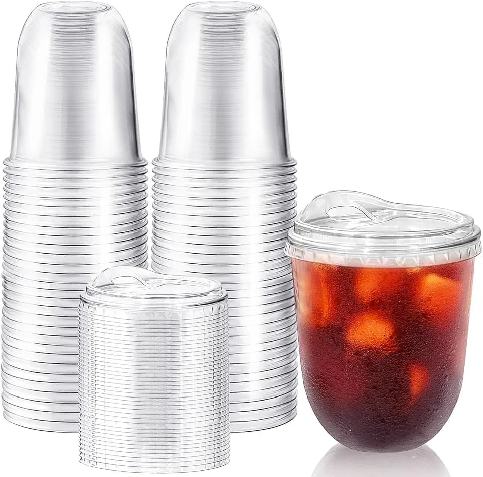 50 Pack 12 oz Clear Plastic Iced Coffee Cups with Strawless Sip Lids