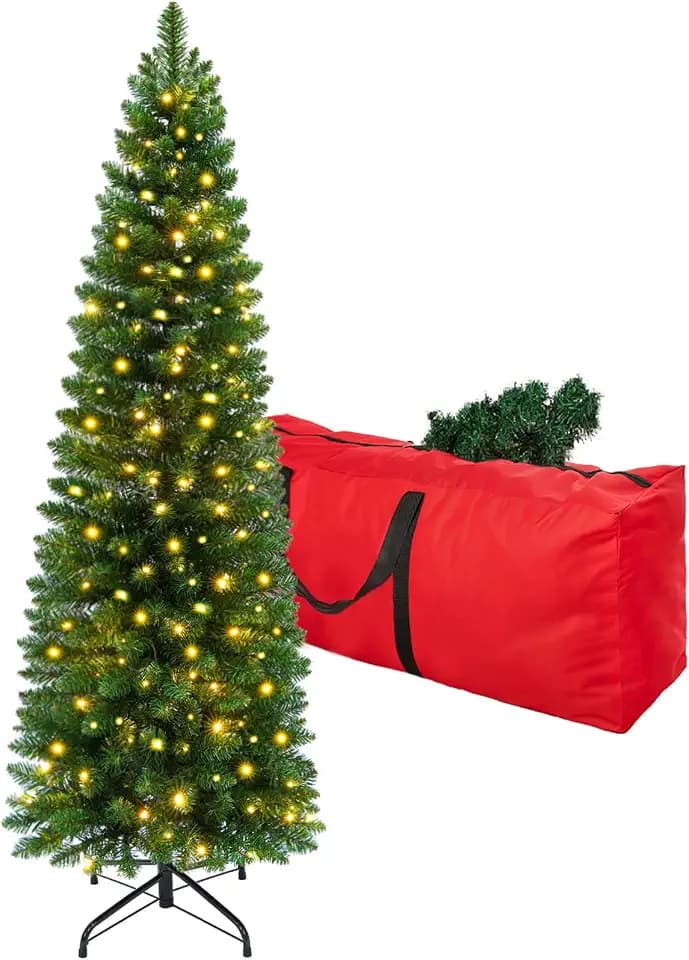6ft Pre-Lit Slim Artificial Christmas Tree - 260 Warm White LED Lights, 600 Realistic Tips, Foldable Metal Stand - Family & Pet-Friendly, Easy Setup for Holiday Magic