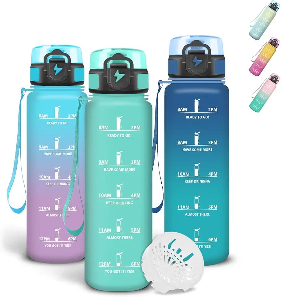 Grsta Trinkflasche 500ml Auslaufsichere, Trinkflasche Kinder mit Filter, Wasserflasche mit Zeitmarkierung und Schnürung, Sichere Verriegelung, Flasche für Schule, Sprudel, Erwachsene