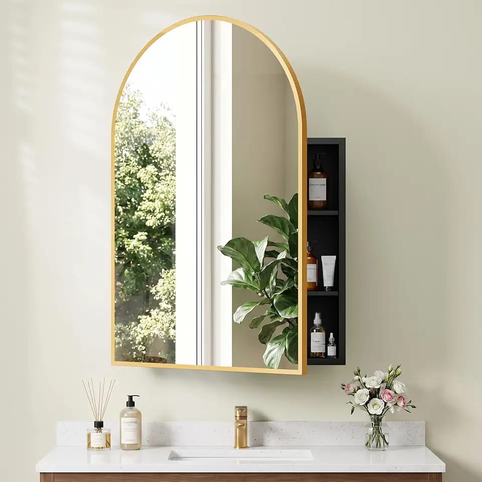 Arched Recessed Medicine Cabinet with Mirror, Bathroom Mirror Storage, Gold