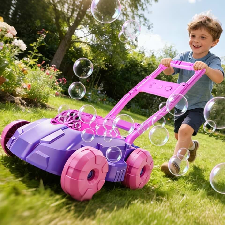 Bubble Lawn Mower for Toddlers 1-3, Automatic Bubble Blowing Machine Pretend Summer Gardening Play Bubble Toys for Age 1 2 3 Year Old Boys Girls Indoor Outdoor Use, Pink