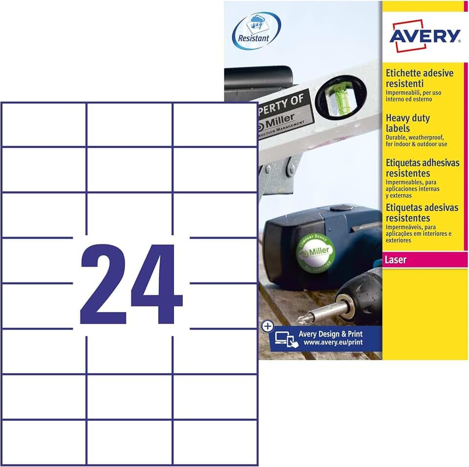 AVERY Zweckform L4718-20 Wetterfeste Folienetiketten (480 Klebeetiketten, 70x37mm auf A4, extrem stark selbstklebend, wasserfest, strapazierfähig, bedruckbare Outdoor Klebefolie) 20 Blatt, weiß