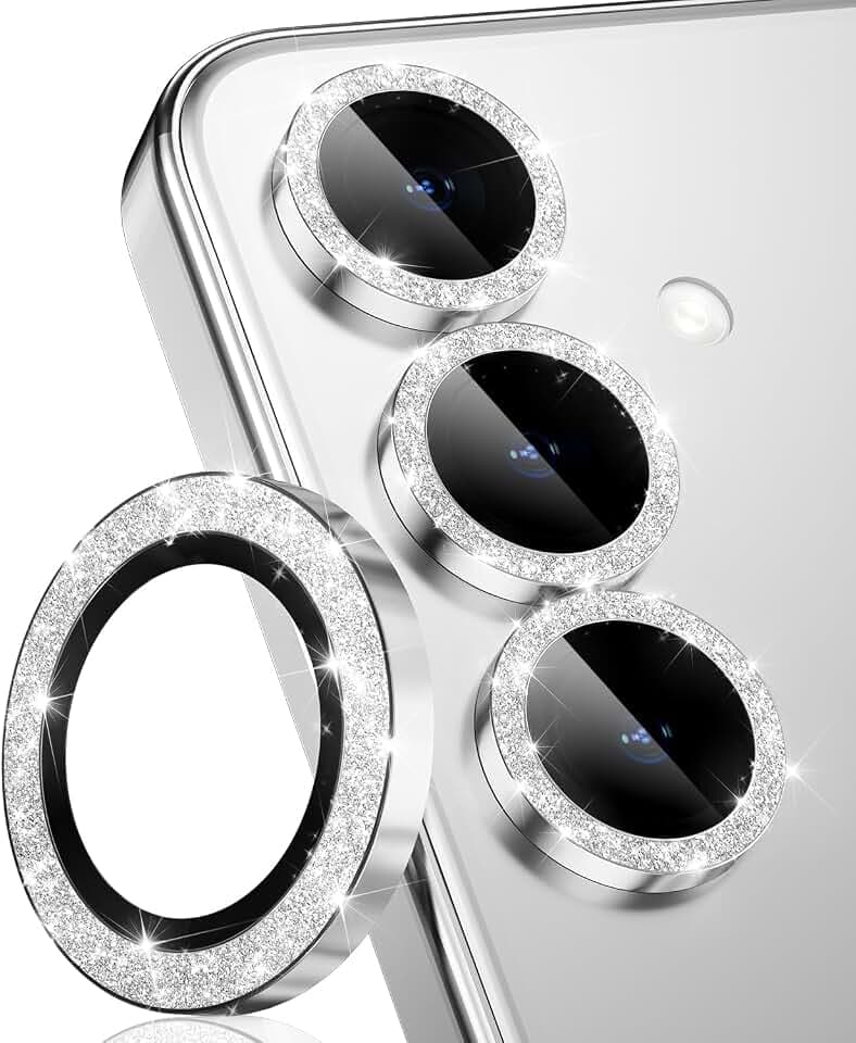 CloudValley für Samsung Galaxy S25 Kameraschutz, HD-Klar, Kratzfest, Ultra-Dünnes Individuelle Gehärtetes Glas Zubehör mit Aluminiumrand,Glitzersilber
