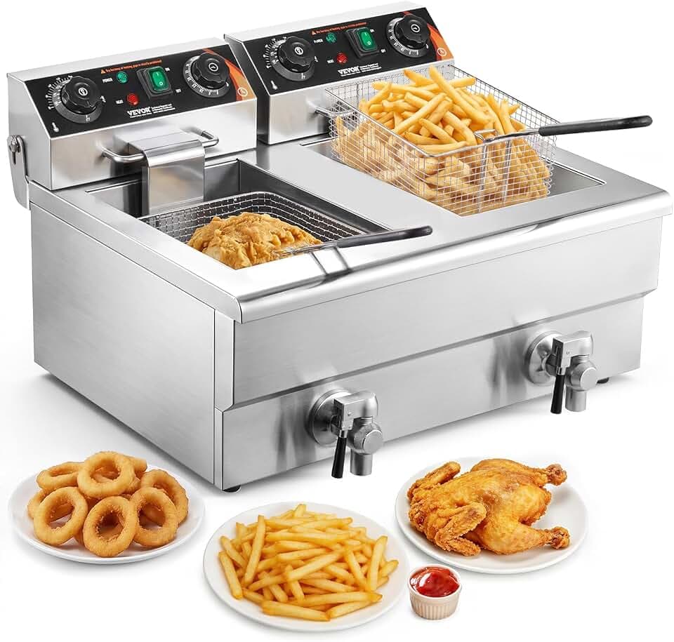 VEVOR Kommerzielle Fritteuse 2 x 8 L, Elektrische 3 kW Tischfritteuse mit Doppeltank & Korb, Doppel-Ölfritteuse aus Edelstahl, Zeit- und Temperaturregelung, für Küche Restaurants