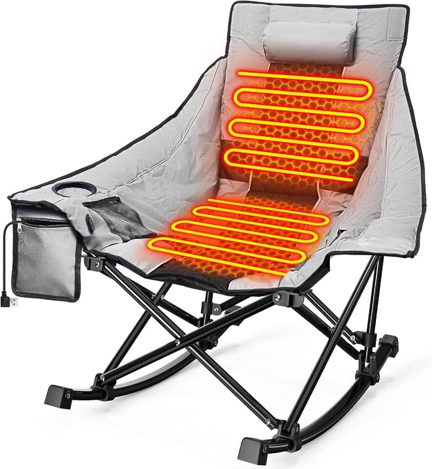 Slendor Heated Camping Chair, Oversized Rocking Chair w/Pillow, Cup Holder