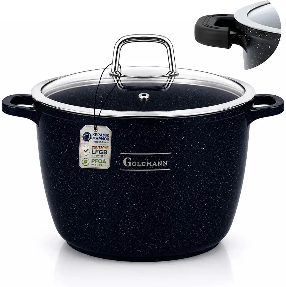 GOLDMANN Kochtopf Aluguss/Suppentopf, 24 cm, 6.2 l, antihaftbeschichtete Keramik in Marmoroptik, Glasdeckel, geeignet für Induktion und alle Herdarten, ofenfest und PFOA-frei