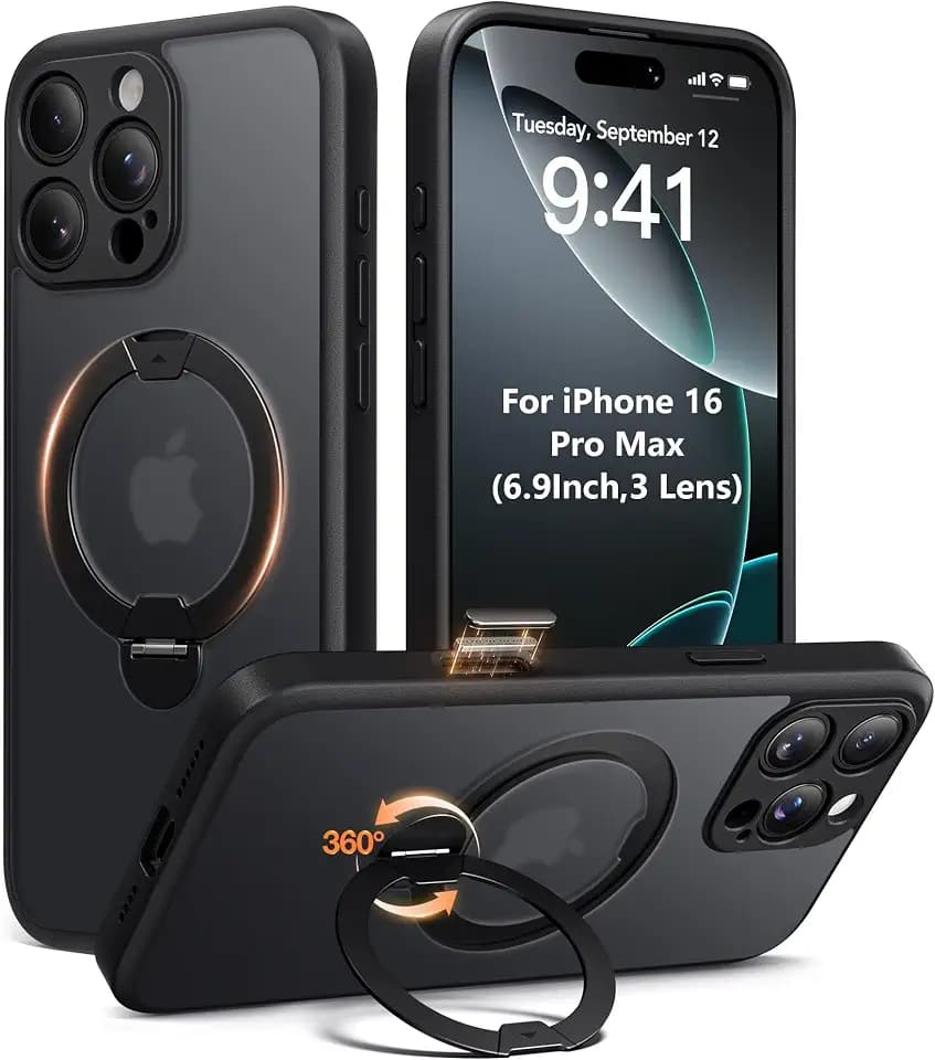 Magnetic Unbreakable Stand for iPhone 16 Pro Max Case, [Anti-Slip][Anti-Slip] [Military-Grade Protection] [Compatible with MagSafe] Slim Translucent Matte Wireless Charging Phone Cover, Black