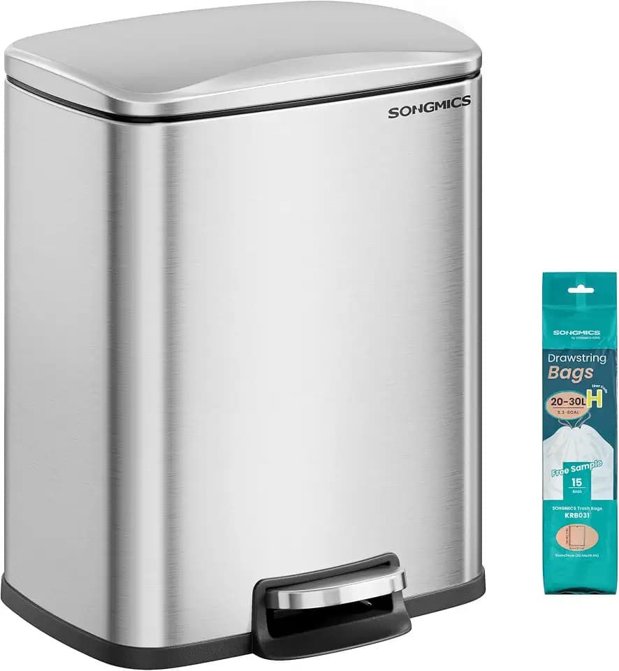 SONGMICS Trash Can, 5.2-Gallon (20L) Stainless Steel Step Trash Bin