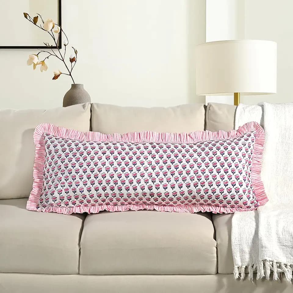 CPC Pink Sapphire Block Print Ruffle Sham Pillow Cover 14x36 Inch Pack of 1