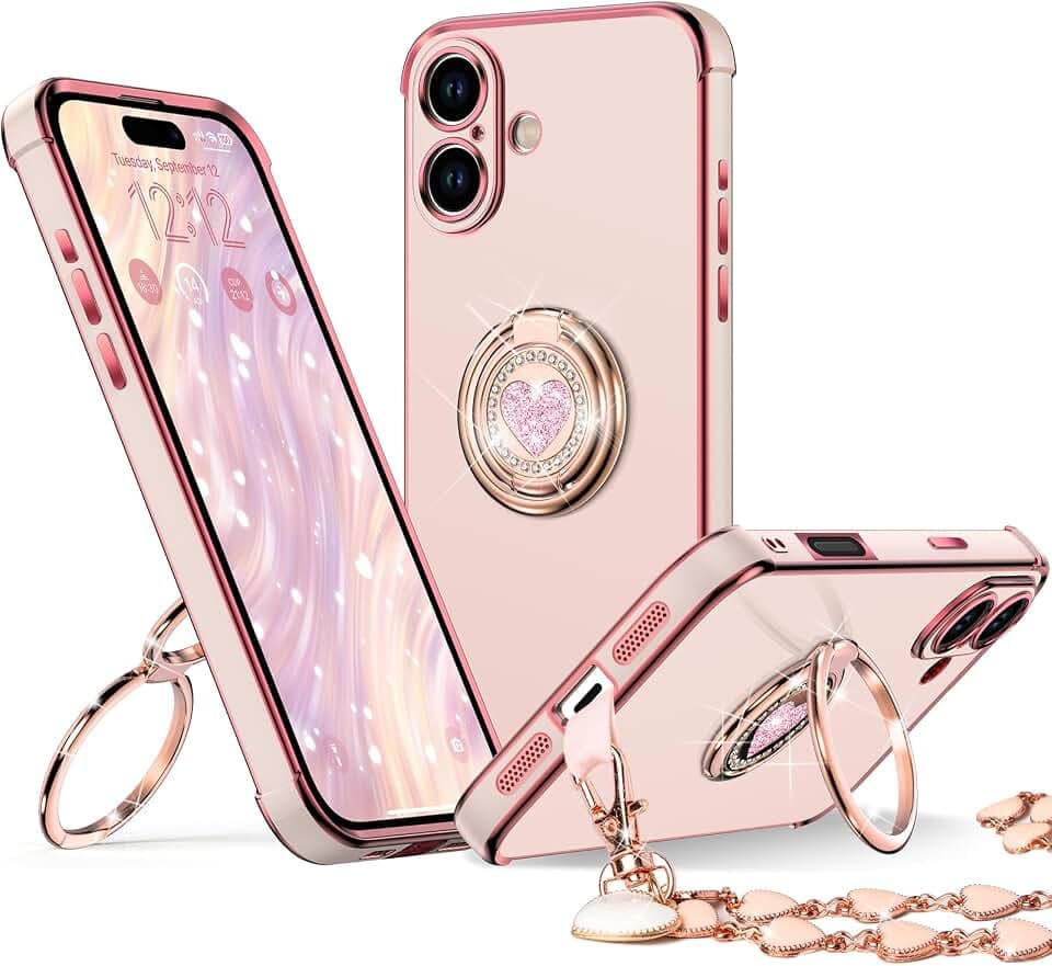 XYZ for iPhone 17 Case with Stand, Phone Case with Double Ring Kickstand, Women Girls Bling Luxury Protective Case Heart for iPhone 17, Pink