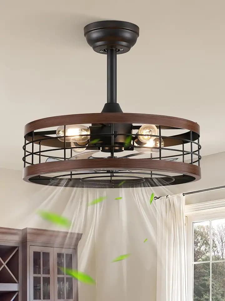 LEDIARY 18 inch Caged Fandelier Ceiling Fan Light with Remote, Walnut