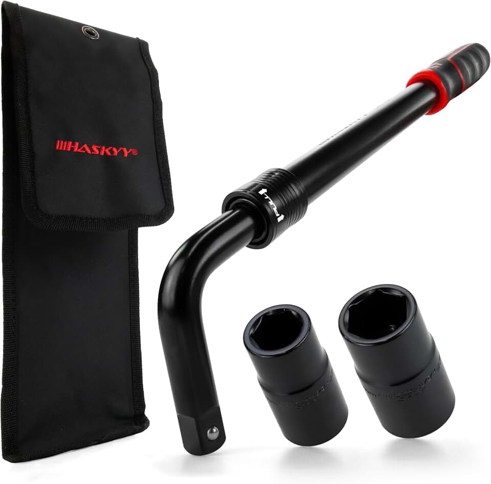HASKYY Teleskop Radmutternschlüssel Set 355-530mm Verlängerbar 1/2 Zoll Antrieb 17/19mm & 21/23mm Steckschlüssel, Radschlüssel Reifenwerkzeug inkl. Aufbewahrungstasche Drehmoment 665Nm