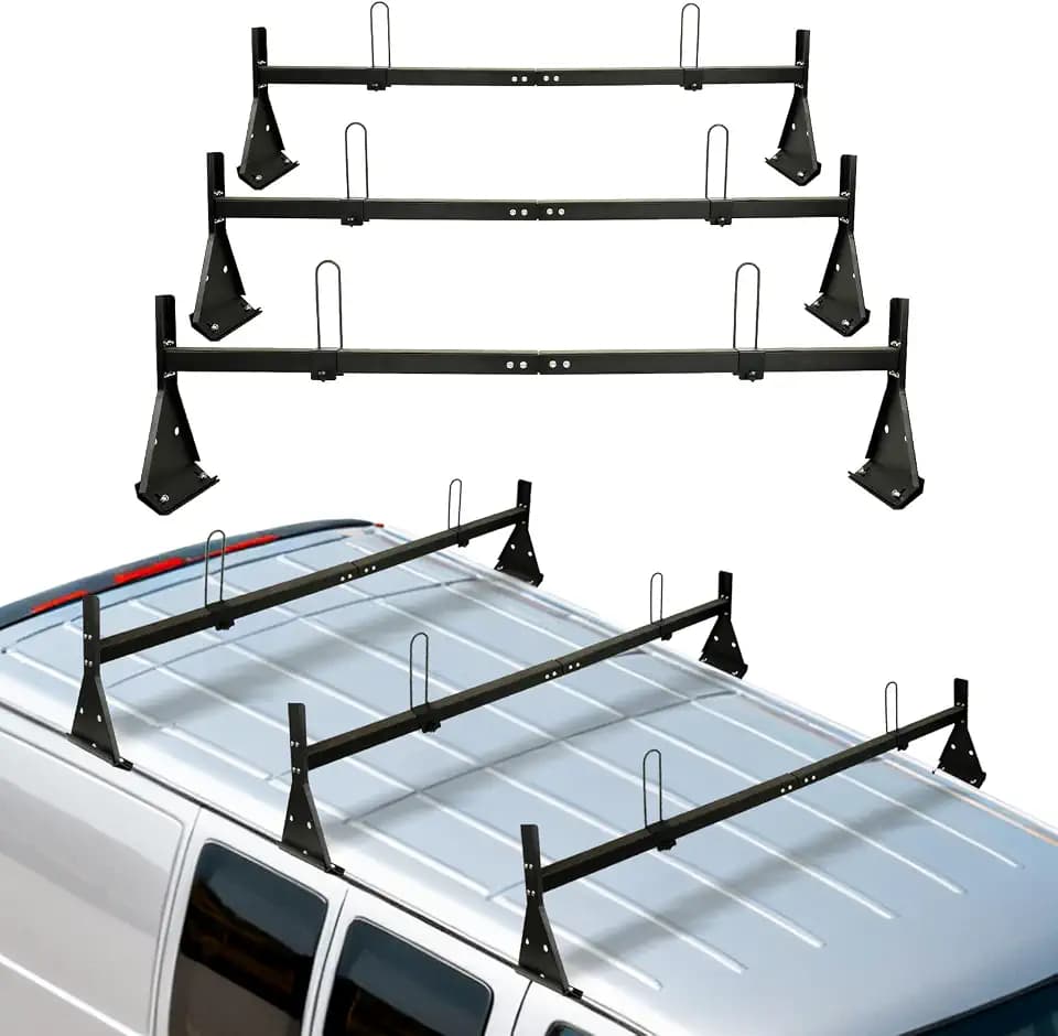 Universal Van Ladder Roof Rack, 57–70 Inches Adjustable Length, Built-in Cargo Stoppers, Fits Chevy Express 1500/2500/3500, Ford Econoline and GMC Savana Full-Size Vans with Rain Gutters