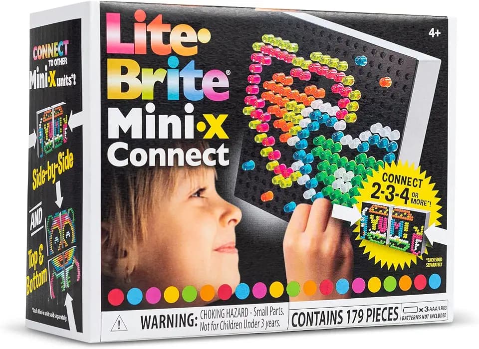 Basic Fun 02322 Lite Brite Mini-X Connect, beleuchtetes Zeichenbrett, Mini-LED-Zeichenbrett mit Farben, Reisespielzeug, kreatives Spielen, Neoneffekt, Spielzeug für Kinder ab 4 Jahren
