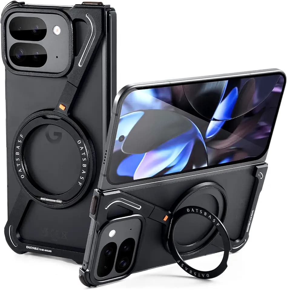 OATSBASF Minimalist Phone Case for Google Pixel 9 Pro Fold, 360° Rotation Kickstand Aluminum Metal Frameless Design Bumper Z Case, Protective Shock Grade Shell, Black
