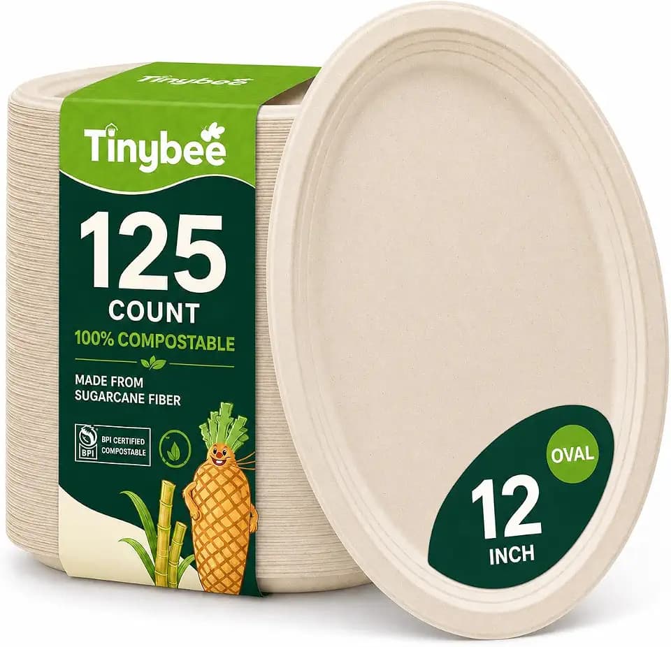 Tinybee 12 Inch Compostable Oval Plates, 125 Pack Heavy Duty Paper Plates