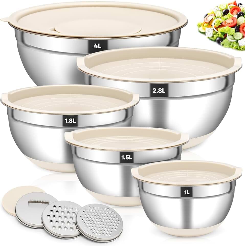 Fire More Salatschüssel 5er Set, Edelstahl Rührschüssel mit luftdichten Deckel & 3 Reibenaufsätzen, 4L/2,8L/1,8L/1,5L/1L, Stapelbar & Rutschfest