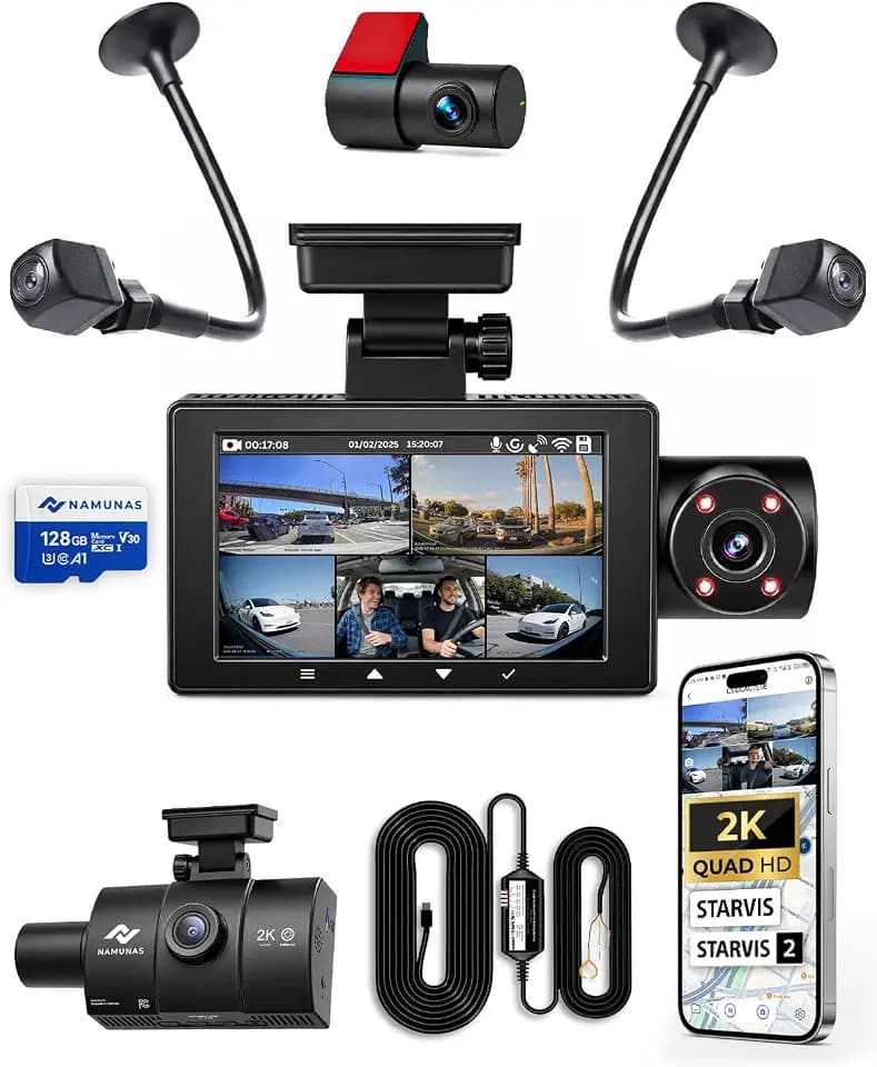5 Channel 2K 360 Dash Cam, Modular Adjustable Side Cams for License Plate Visibility, STARVIS & STARVIS 2 Front & Rear, Parking Mode, G-Sensor, GPS, 5G WiFi, App, Free 128GB High Speed Card + Acc Kit