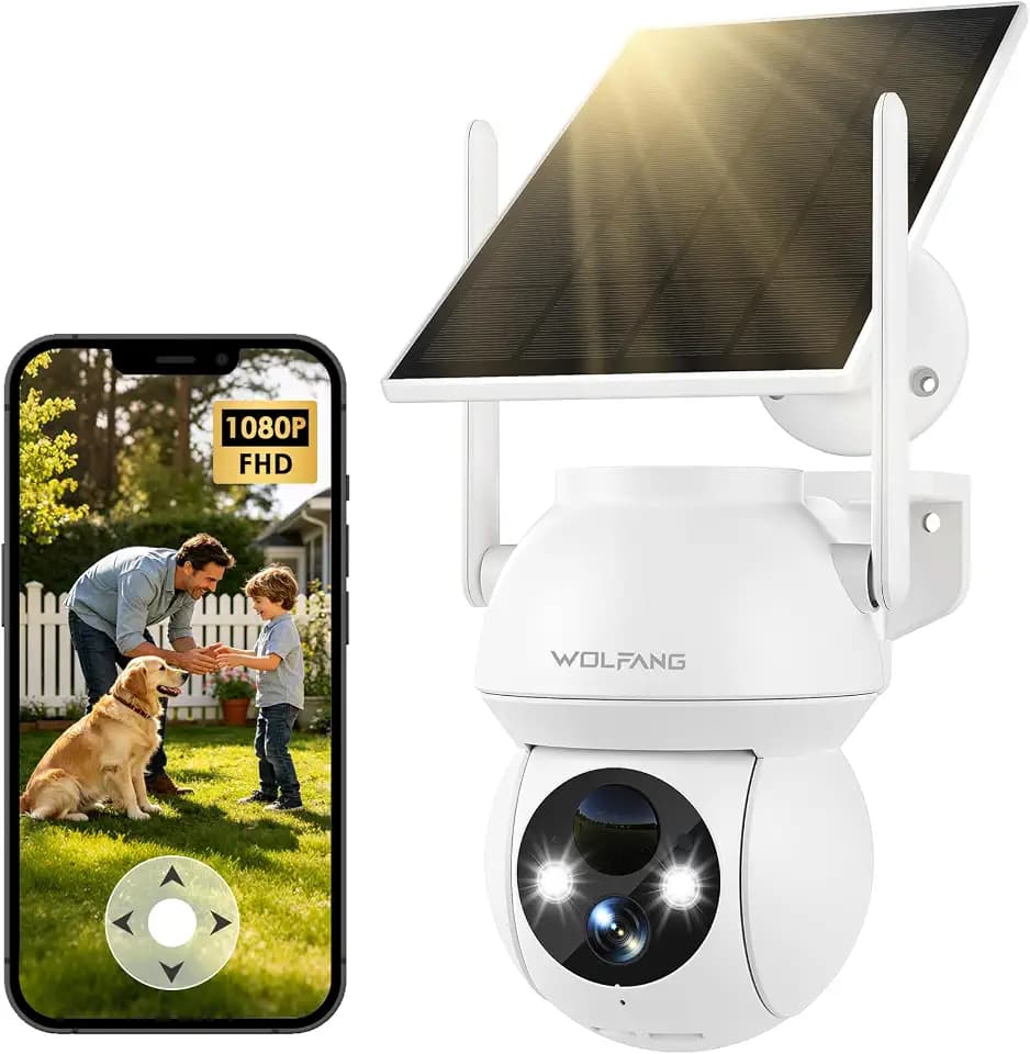WOLFANG 1080P Solar-Überwachungskamera für den Außenbereich, 360°-PTZ-WLAN-Kamera, PIR-Bewegungserkennung, Farbnachtsicht, Zwei-Wege-Audio, IP65, funktioniert mit Alexa und Google Home, Keine