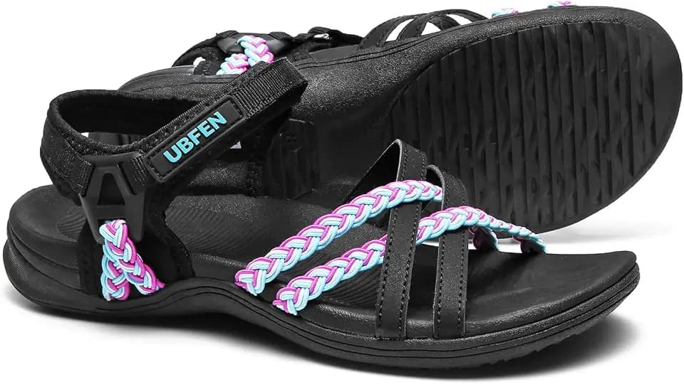 UBFEN Womens Hiking Sandal Sport Sandal Straps with Adjustable Hooks Arch Support Water Sandal Beach Vacation Casual Camping Size 10 Black Pink