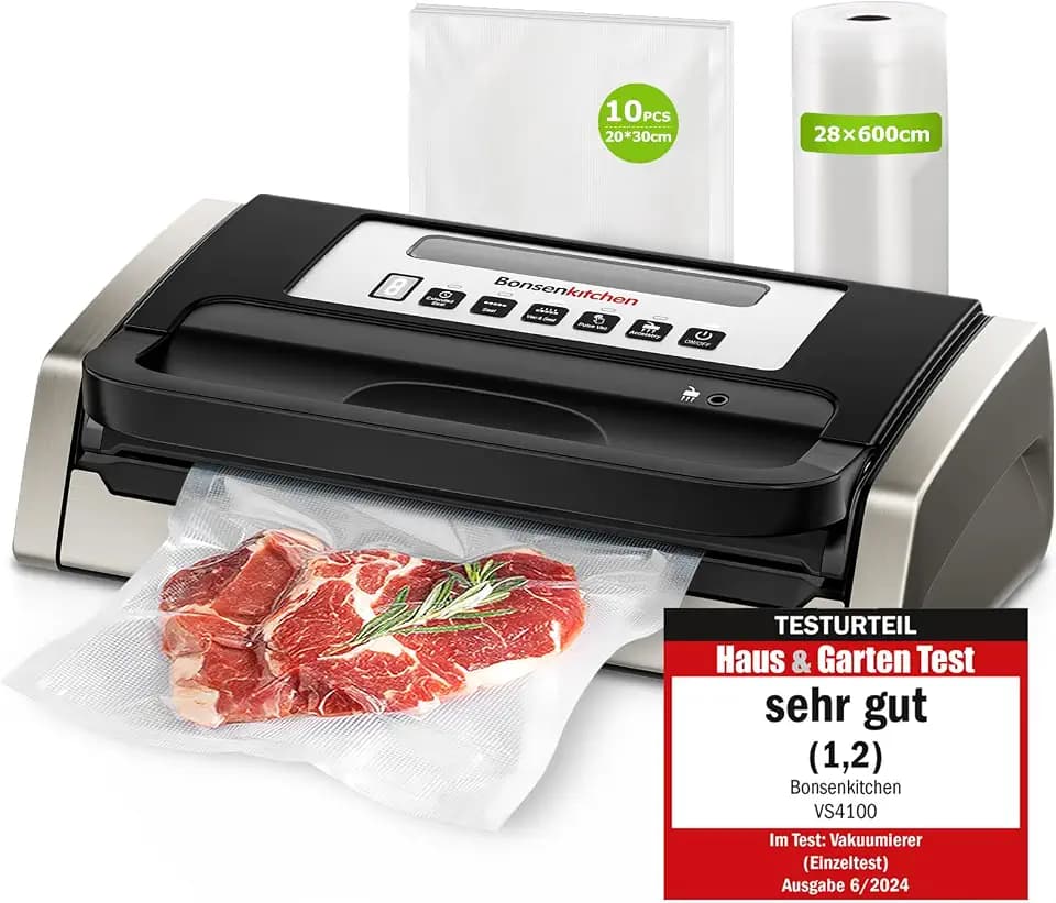 Bonsenkitchen Vakuumiergerät, Hochleistung 15 L/min, Multifunzionale | Griffverriegelung und Integrierter Schneider, Testsieger Sehr Gut, Nachhaltigkeitszertifizierung, 1 Rollbeutel, 10 Beutel