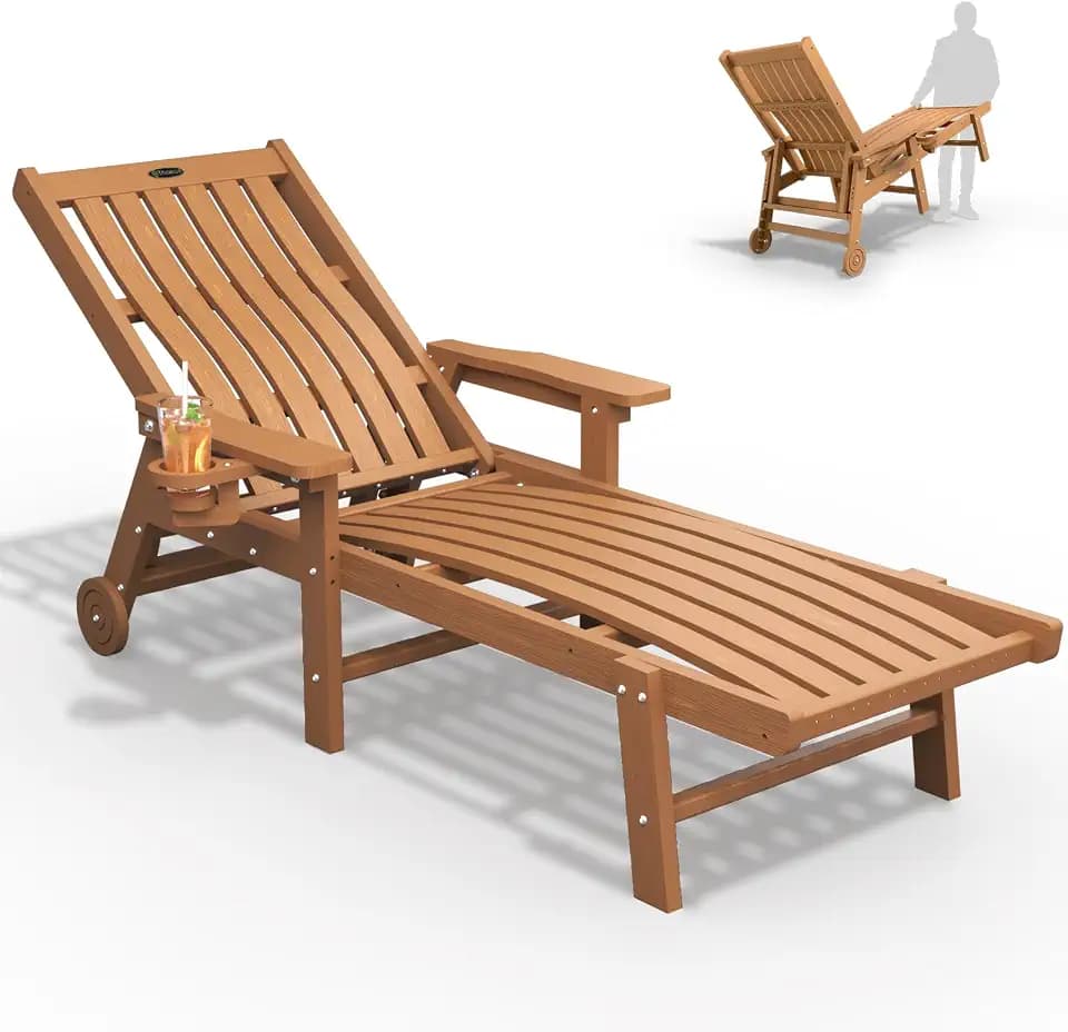 THOEOE Outdoor Chaise Lounge Chair, HDPE Pool Lounge Chair, Wood