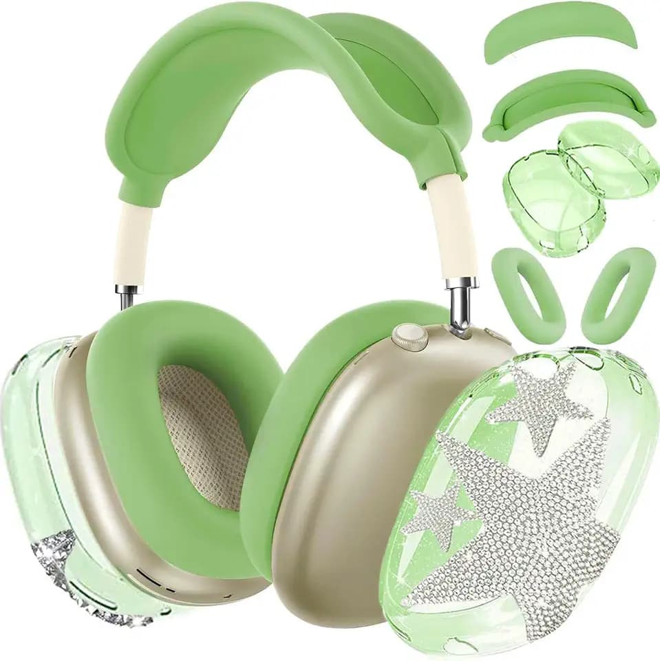 [4 in 1] Case Cover for AirPods Max 2/1 (2026/2024/2020) Ear Pad Case Cover/Headband Cover/Ear Cups Cover with Bling Star Decoration for Apple AirPods Max Headphones (Bling Green Star)