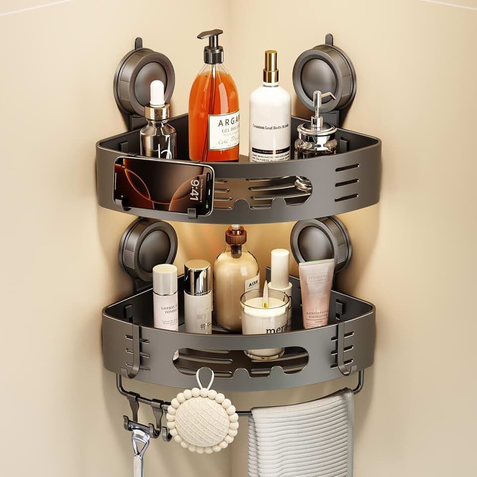Voldra Duschablage Ohne Bohren, Duschregal Ecke Saugnapf Bogenförmiges Badezimmer Regal Wand Duschkorb mit Handtuchhalter Eckregal Bad Ablage Dusche Metall Regal Duschkorb Ohne Bohren(2 Stück, Grau)