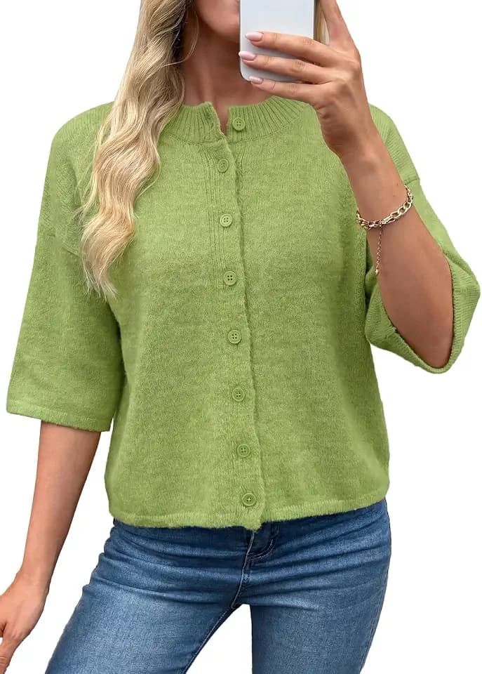 EVALESS Womens Cardigan 3/4 Sleeve Button Knit Tops