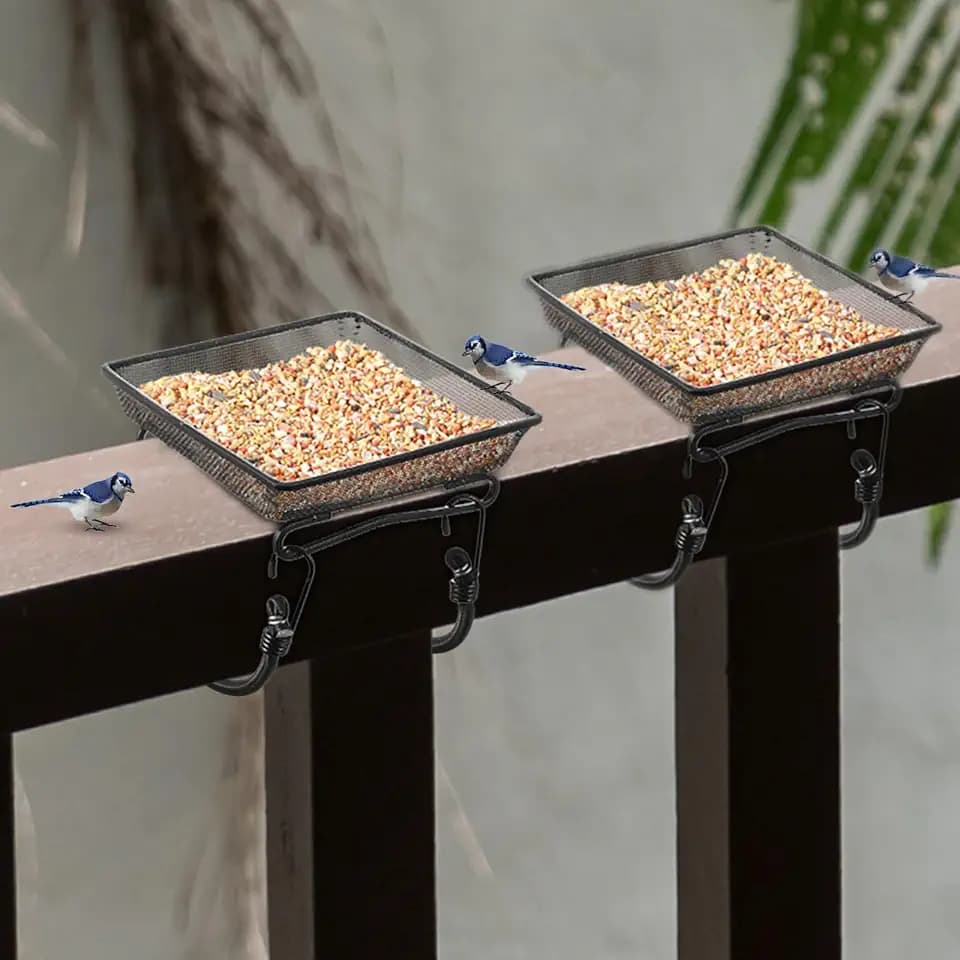 2 Pcs 7 x 7 x 2 Inch Deck Railing Bird Feeder, Metal Mesh Seed Tray