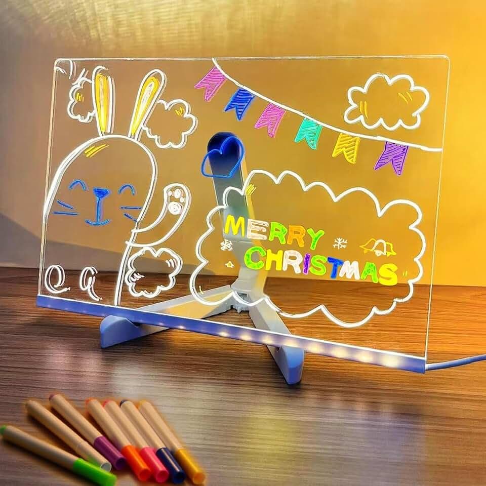 LED Note Board with Colorful Pens, Acrylic Dry Erase Light Up Writing Board, 11.8 x 7.9 Inch, with Stand for Family, Office, School, Bar, Cafe