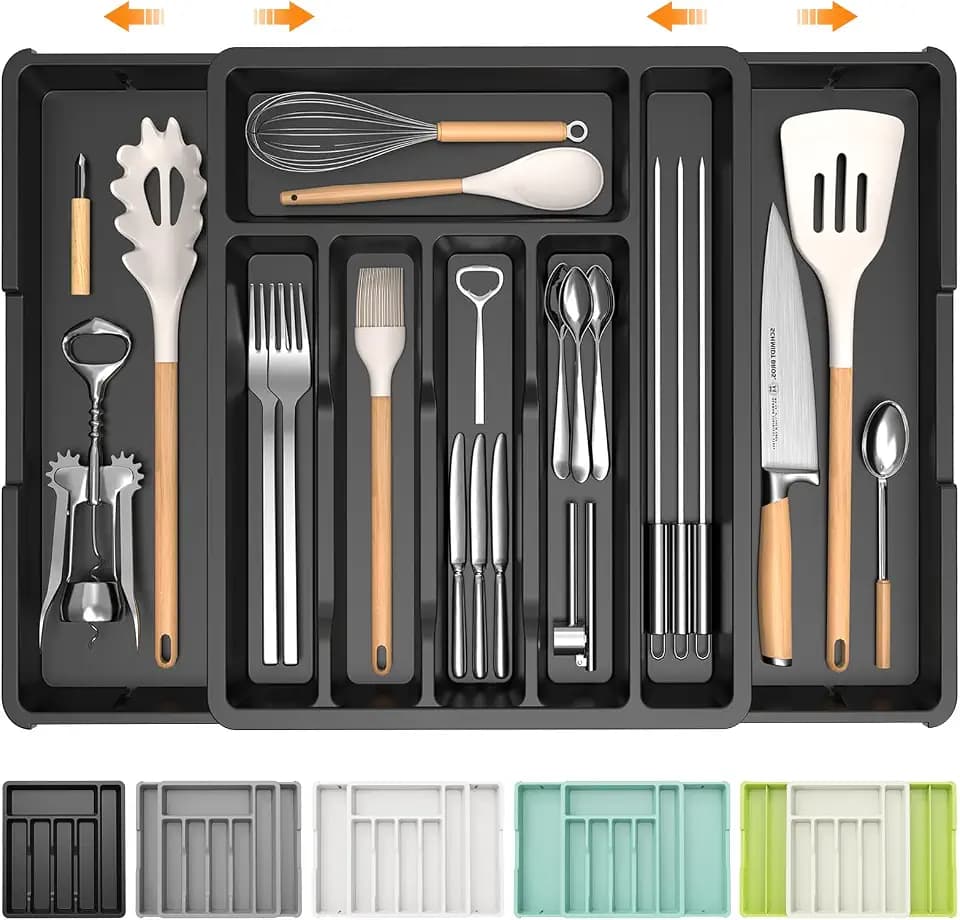 iDavosic.ly Besteckkasten für Schubladen, Erweiterbarer Besteckeinsatz für Schubladen Cutlery 0rganizer Küche, Verstellbarer Besteckhalter Besteck Spoon Gabeln Kunststoff Messer, Schwarz