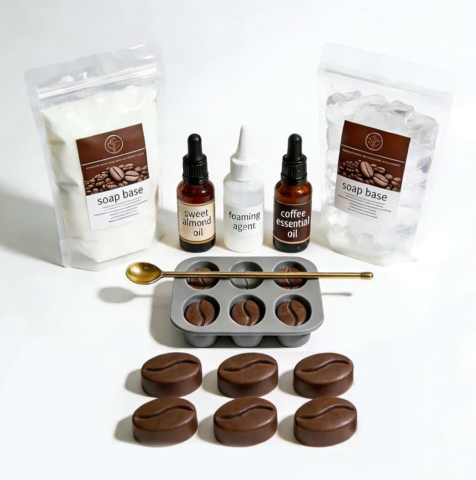 DIY Coffee Soap Making Kit for Beginners, Complete Handmade Craft Set with Coffeebean Molds, Soap Base, Foaming Agent, Sweet Almond Oil, Coffee Fragrance, Gift Ready