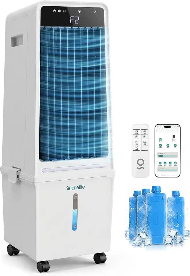 SereneLife Evaporative Air Cooler with 15 L Detachable Water Tank, Air Cooler with 1500 CFM Cooling Power, Indoor Outdoor Oscillating System with Wheels, Remote & Ice Packs, (Black & White)