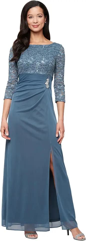 S.L. Fashions Women's Long Mother of the Bride Dress with Stretch Lace Bodice & Hip Embellishment (Petite and Regular Sizes)