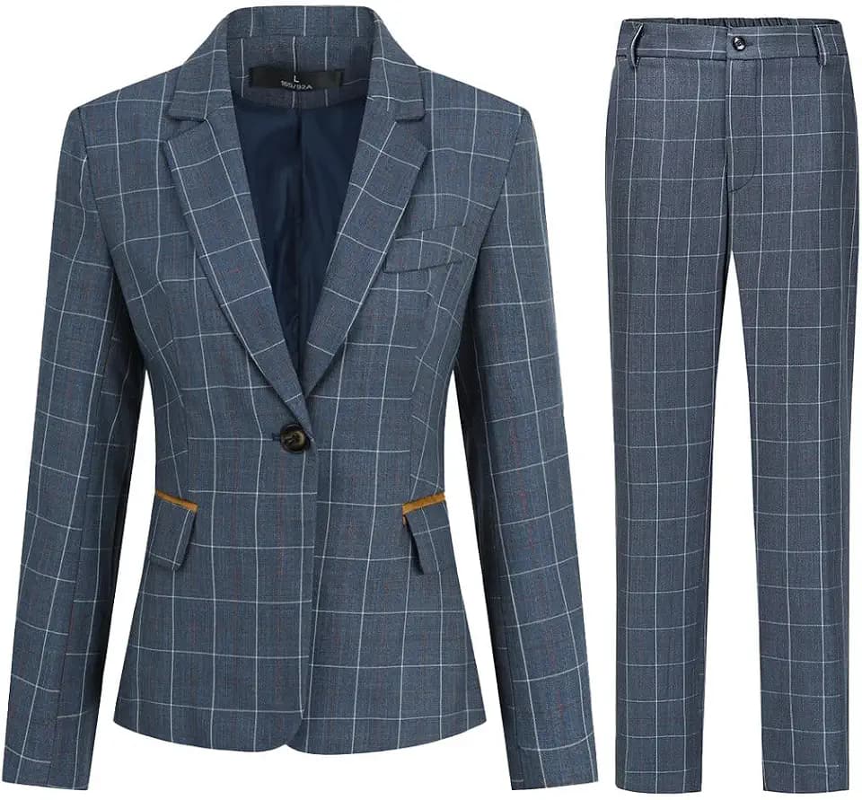 YUNCLOS Anzug Set Damen Blazer Business Damenanzug formell 2-teilig Karierter Kostüme für Büro Eine Schnalle Elegant
