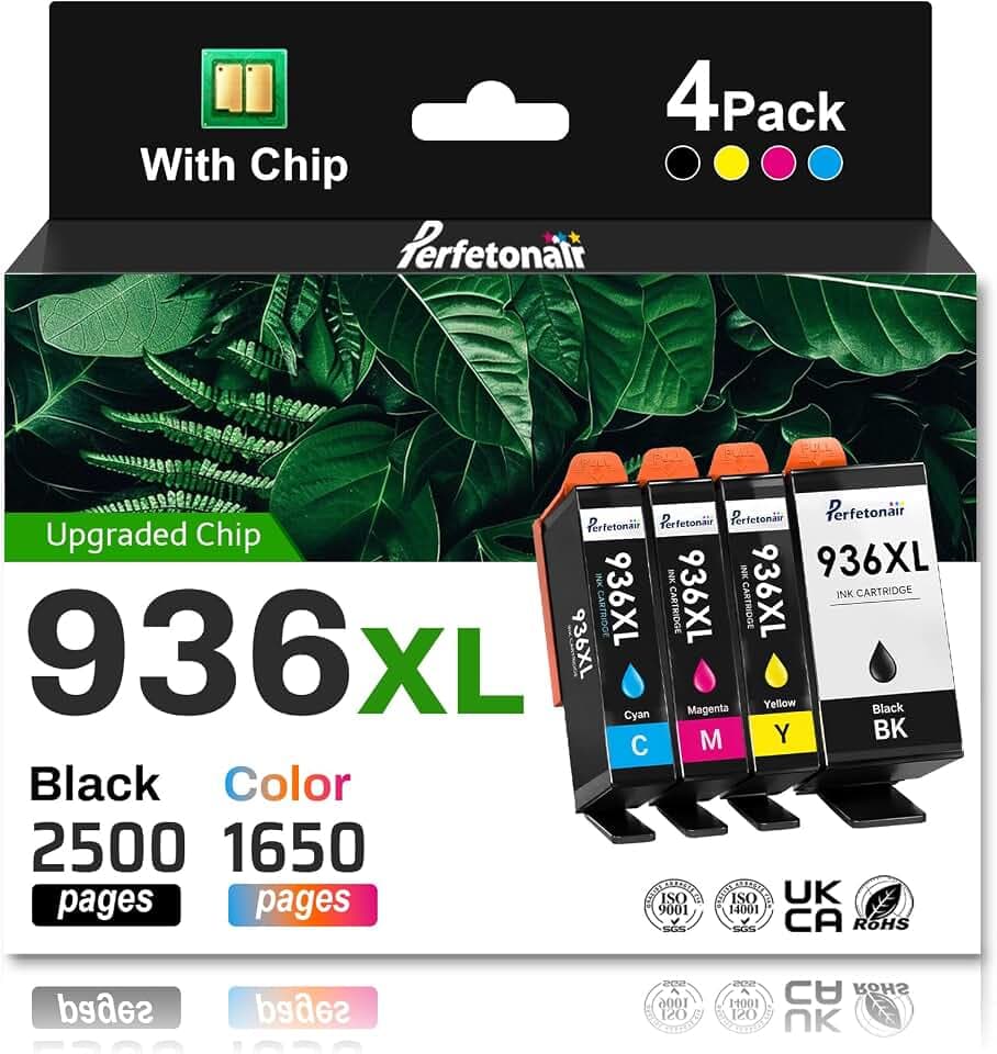 936XL Ink Cartridges Replacement for HP 936e 936XL Ink Cartridges Combo Pack Compatible with HP OfficeJet Pro 9110b 9120b 9130b OfficeJet Pro Wide Format 9720 9730 Printer (‎Black Cyan Magenta Yellow)