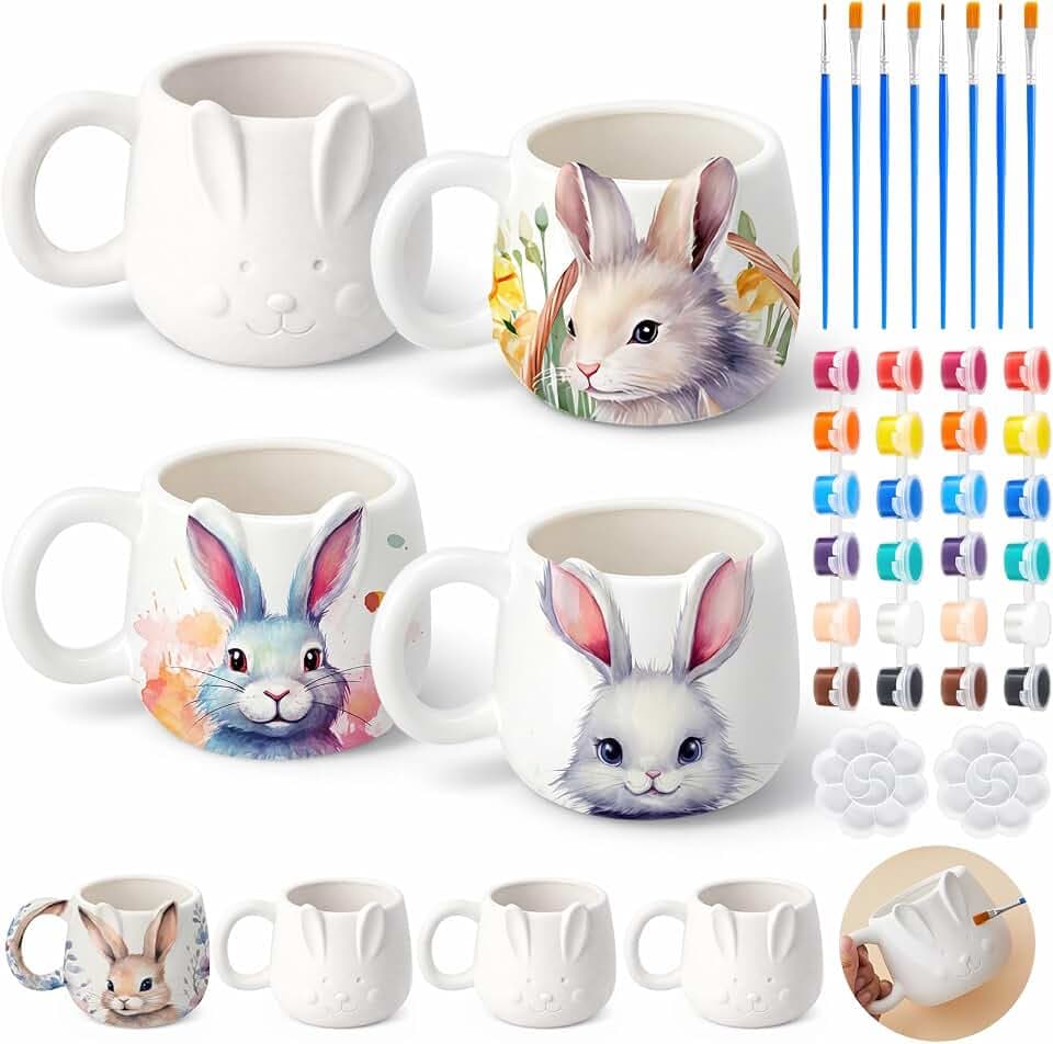 LOYIM Set of 4 Bunny Ceramic to Paint, Bunny Crafts for Adults Color Your Own Rabbit Mugs DIY Painting Kit with Paints, Brushes, Palette for Spring Activity Art Decoration