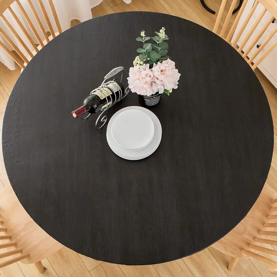 LIBERECOO Round Vinyl Fitted Tablecloth with Flannel Backing Elastic Edge Table Cover Waterproof Stain-Resistant Wipeable Tablecloths Fits 57-65" Round Tables