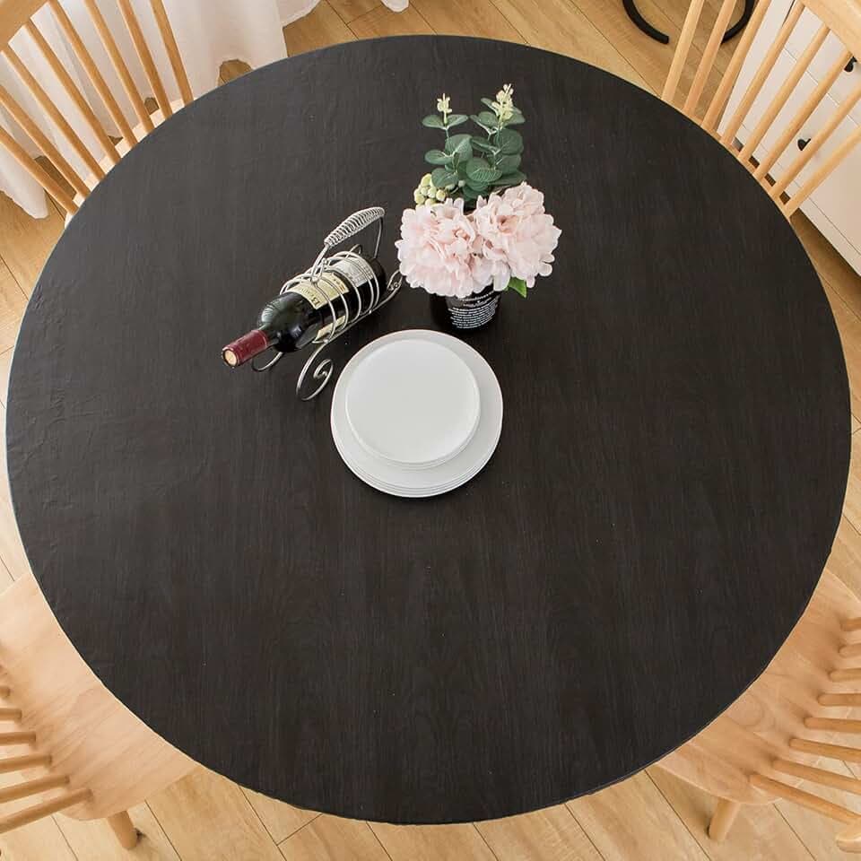 LIBERECOO Round Vinyl Fitted Tablecloth with Flannel Backing Elastic Edge Table Cover Waterproof Stain-Resistant Wipeable Tablecloths Fits 40-44" Round Tables