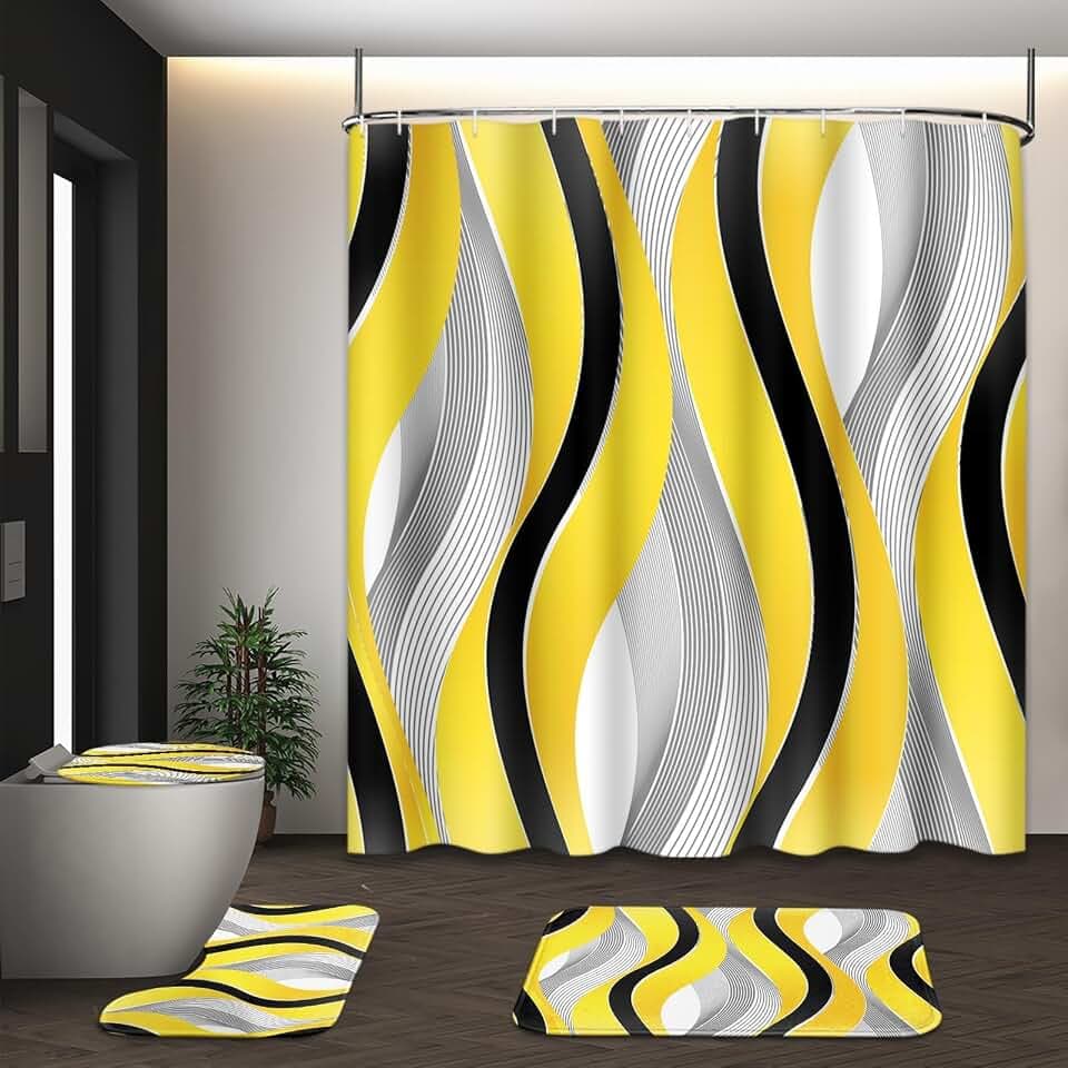 Bathroom Sets with Shower Curtain and Rugs, Set of 4 Yellow Striped