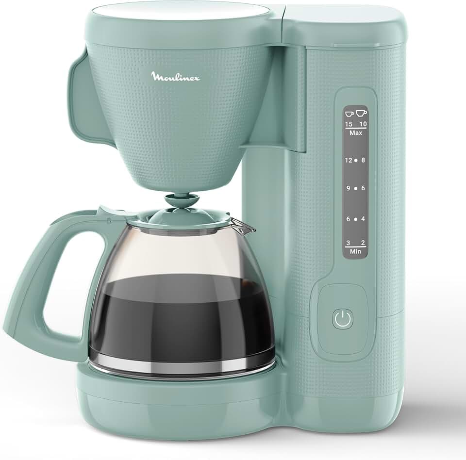 Moulinex Filterkaffeemaschine, Wassertank vorne, 1,25 l, Permanentfilter, schwenkbarer Filterhalter mit breitem Griff, Tropfstopp, Warmhaltefunktion, Farbe Eukalyptus Morning FG2M1310