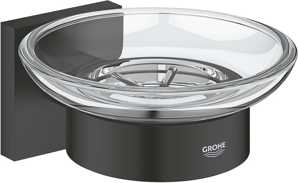 GROHE Start Cube, klebbare Seifenschale für das Bad, ohne Bohren (bis 5kg belastbar, mit Halter, verdeckte Befestigung, inkl. Schrauben und Dübel, Kleber separat kaufen), eckig, schwarz, 410962430