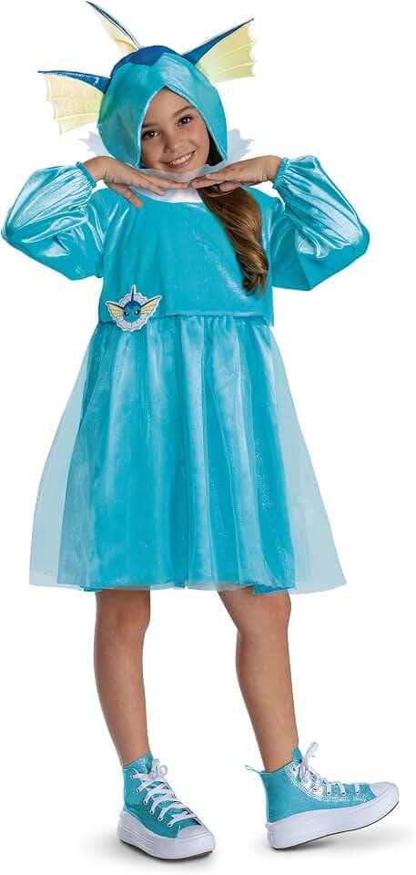 Pokemon Vaporeon Costume Dress for Girls, Official Pokemon Outfit with Hooded Dress